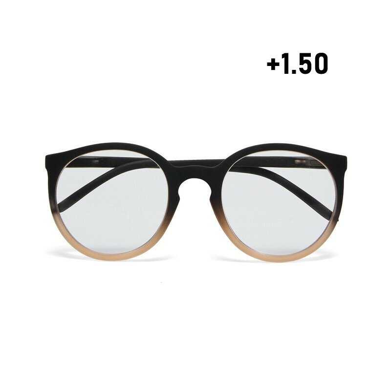 Occhiale da lettura con montatura tonda di colore rosa e nero, lenti da lettura +1.50 diottrie, include astuccio e panno in microfibra